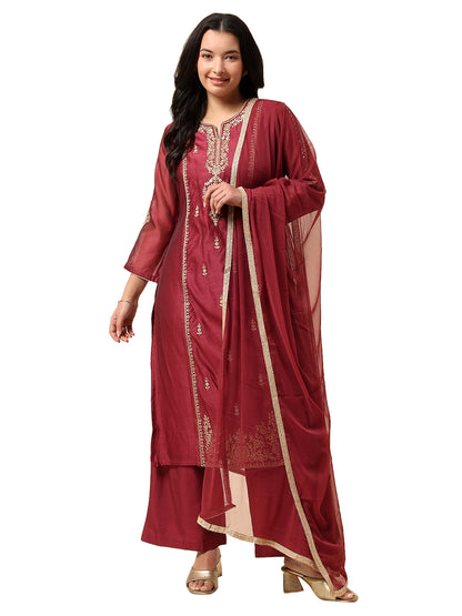 Kurti Palazzo Set for Women | Winter Wear Round Neck Poly Blend Fabric Embroidered Pattern