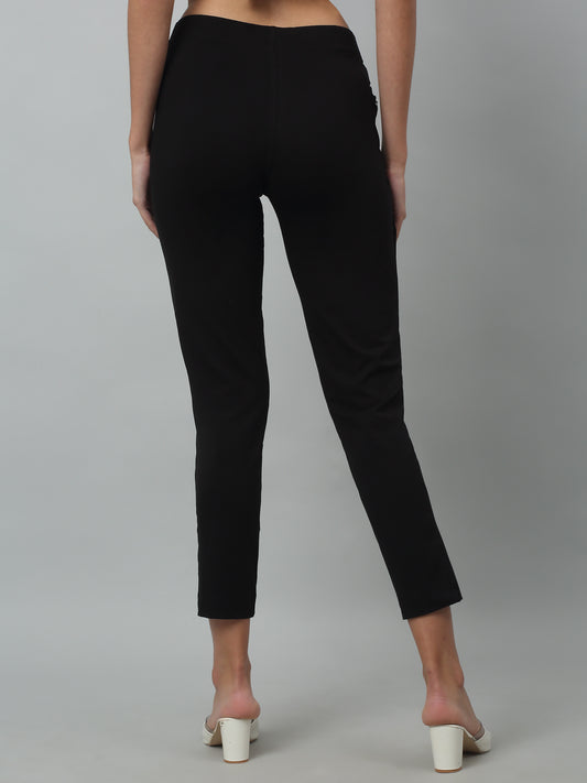 Women's Basic Regular Fit Black Flat Front Mid rise Kurti Pant