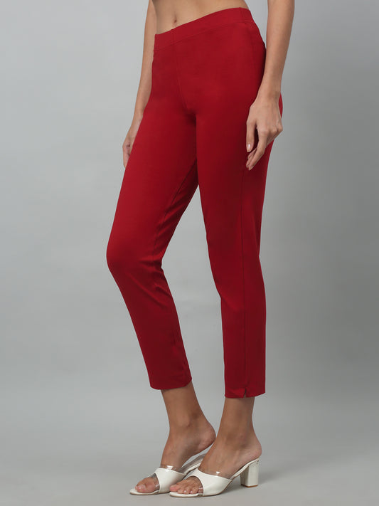 Women's Basic Regular Fit Red Flat Front Mid rise Kurti Pant