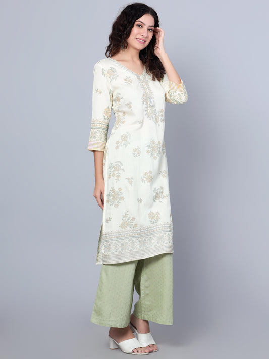 Cantabil Women Off White Floral Printed 3/4th Sleeves Kurti Plazzo Suit Set (7154582847627)