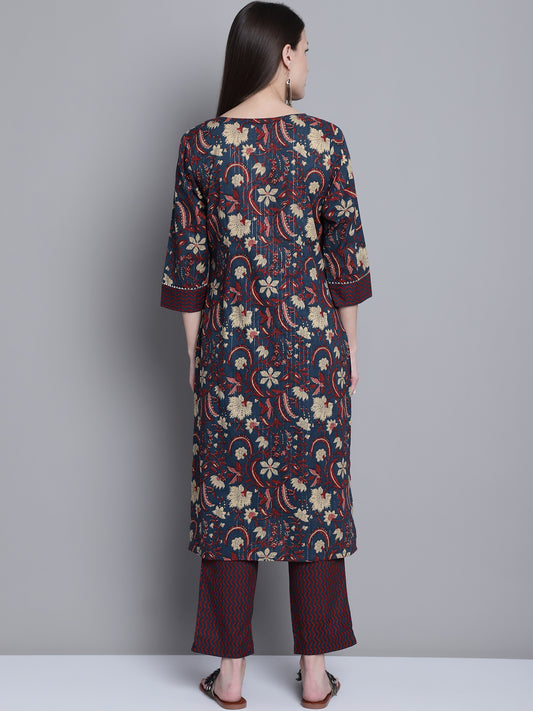 Cantabil Women Cotton Floral Printed Round Neck 3/4 Sleeves Navy Blue Kurti Plazzo Set (7163140407435)