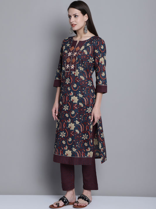 Cantabil Women Cotton Floral Printed Round Neck 3/4 Sleeves Navy Blue Kurti Plazzo Set (7163140407435)