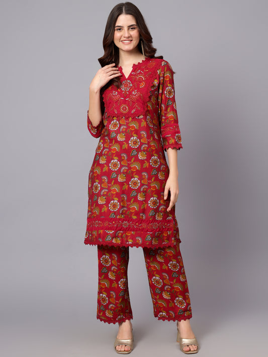 Women's Pink Floral Printed Casual Kurta Plazzo Set