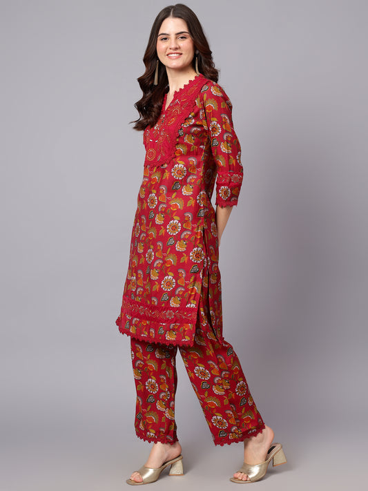 Women's Pink Floral Printed Casual Kurta Plazzo Set