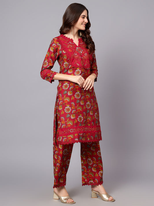 Women's Pink Floral Printed Casual Kurta Plazzo Set