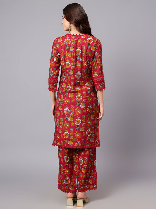 Women's Pink Floral Printed Casual Kurta Plazzo Set