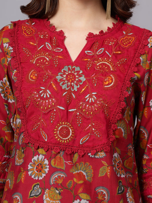 Women's Pink Floral Printed Casual Kurta Plazzo Set