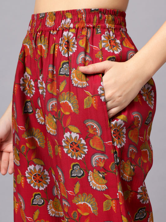 Women's Pink Floral Printed Casual Kurta Plazzo Set