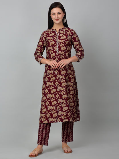 Women's Wine Printed Casual Kurta Plazzo Set