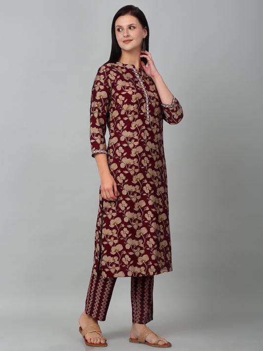 Women's Wine Printed Casual Kurta Plazzo Set