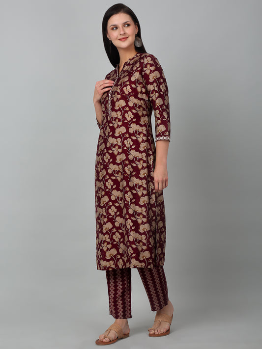 Women's Wine Printed Casual Kurta Plazzo Set