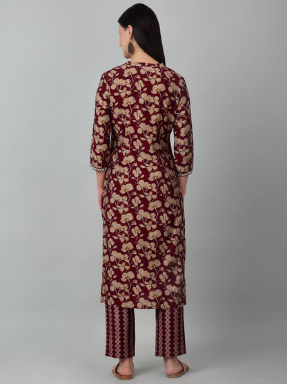 Women's Wine Printed Casual Kurta Plazzo Set