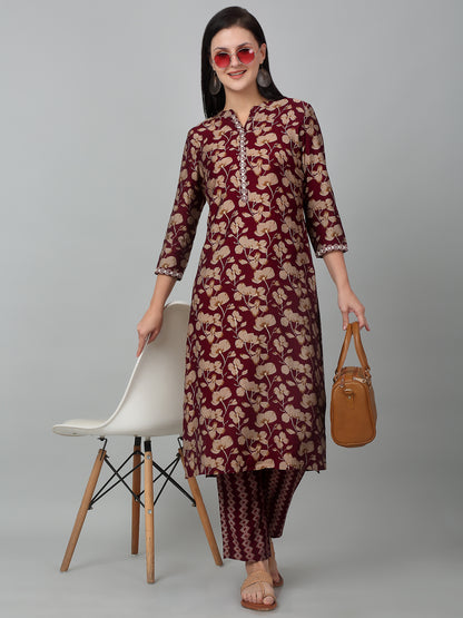 Women's Wine Printed Casual Kurta Plazzo Set