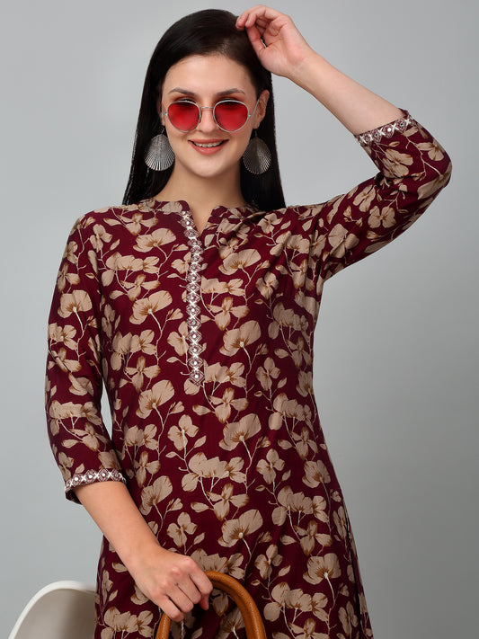 Women's Wine Printed Casual Kurta Plazzo Set