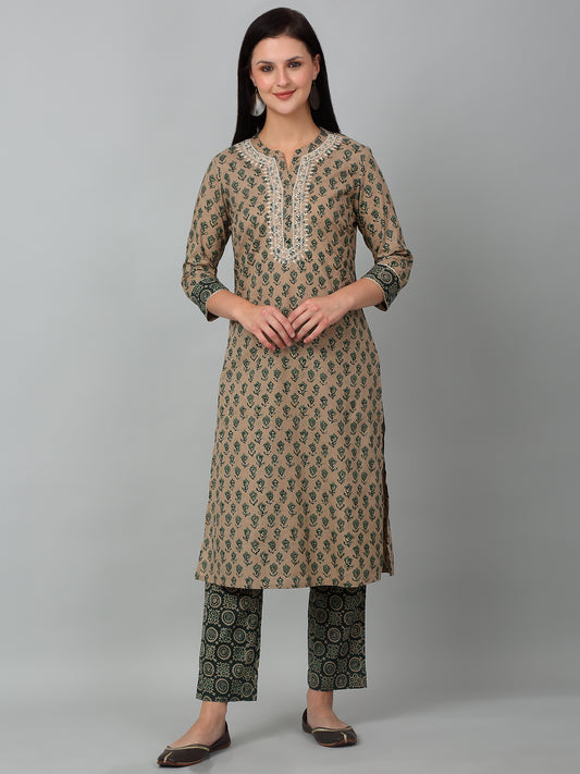 Women's Casual  Green Printed & Embroidered Palazzo Set