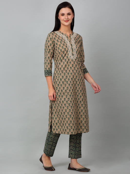 Women's Casual  Green Printed & Embroidered Palazzo Set