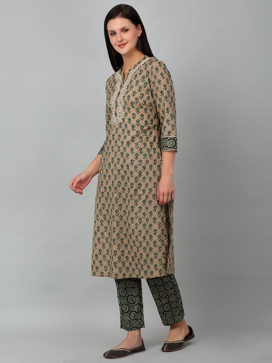 Women's Casual  Green Printed & Embroidered Palazzo Set