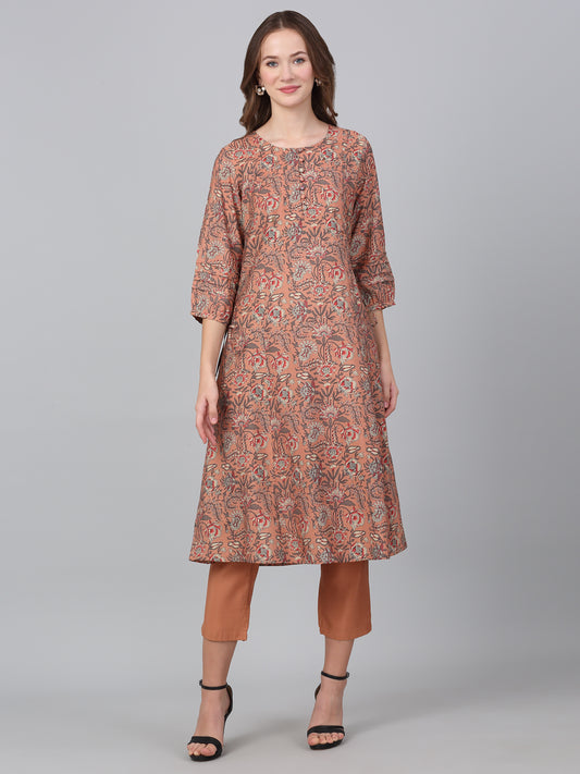 Women's Peach Printed Casual Kurta Plazzo Set