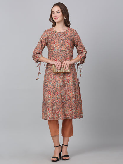 Women's Peach Printed Casual Kurta Plazzo Set