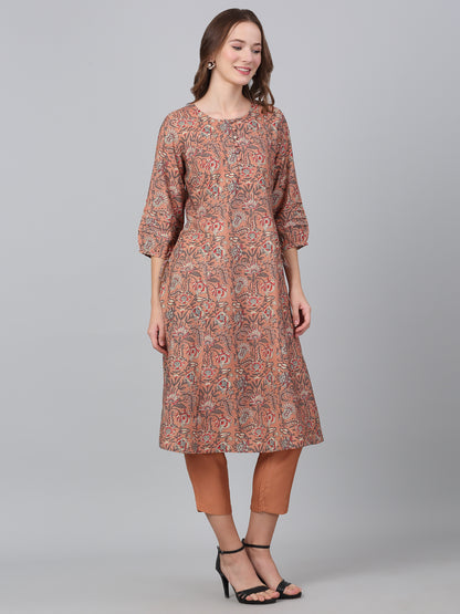 Women's Peach Printed Casual Kurta Plazzo Set