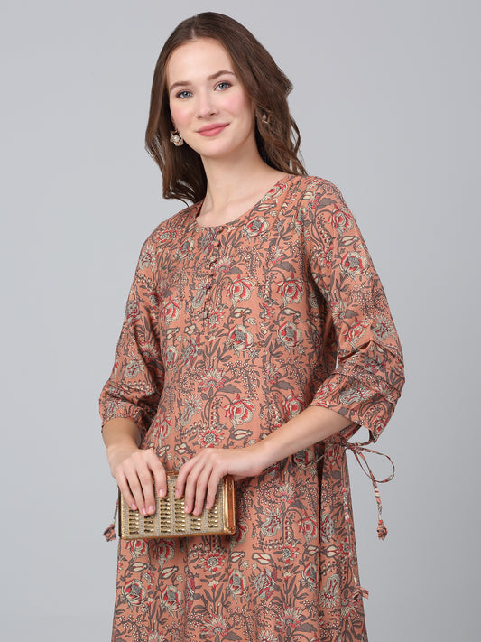 Women's Peach Printed Casual Kurta Plazzo Set