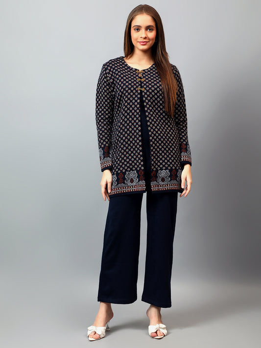 Women's Navy Blue Printed Round Neck Kurta Palazzo Set For Winter