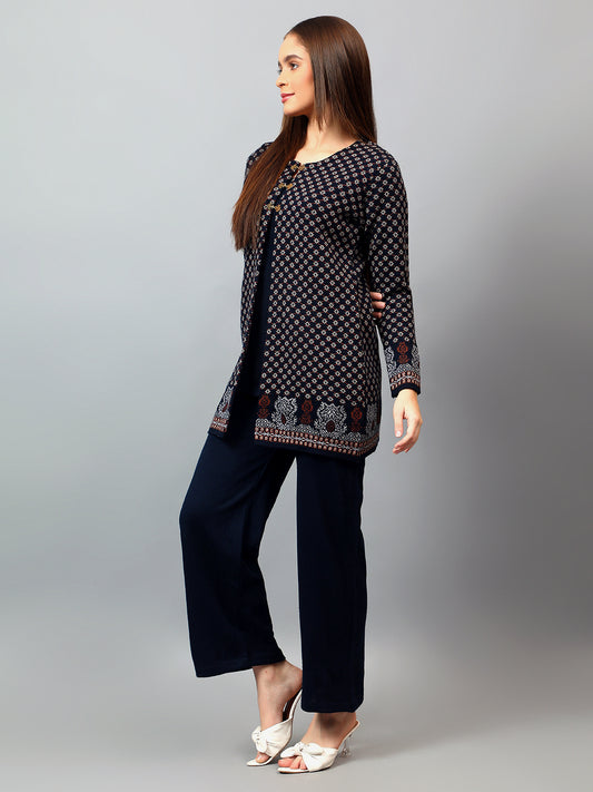 Women's Navy Blue Printed Round Neck Kurta Palazzo Set For Winter