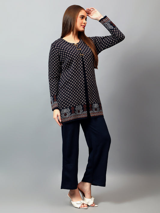 Women's Navy Blue Printed Round Neck Kurta Palazzo Set For Winter