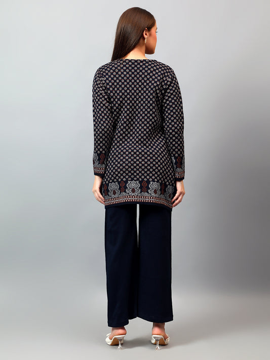 Women's Navy Blue Printed Round Neck Kurta Palazzo Set For Winter
