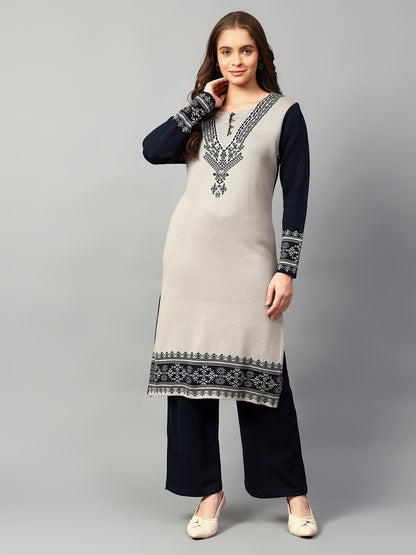 Women's Navy Blue Printed Round Neck Kurta Palazzo Set For Winter