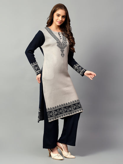 Women's Navy Blue Printed Round Neck Kurta Palazzo Set For Winter