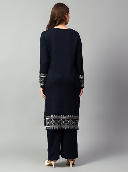 Women's Navy Blue Printed Round Neck Kurta Palazzo Set For Winter