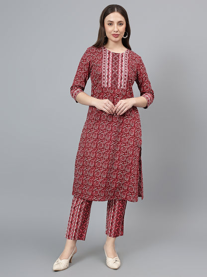 Women's Maroon Printed Casual Kurta Plazzo Set