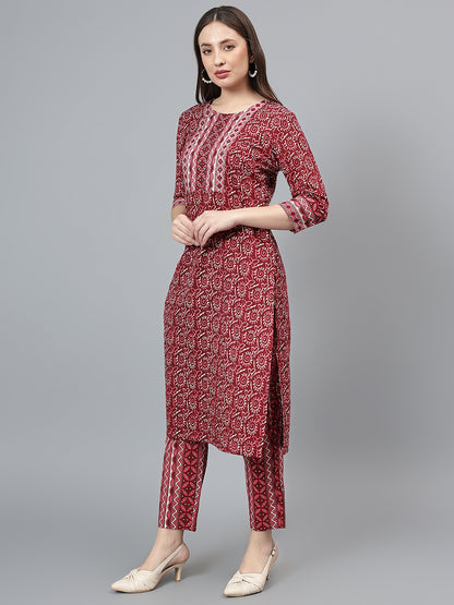 Women's Maroon Printed Casual Kurta Plazzo Set