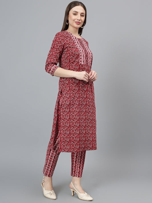 Women's Maroon Printed Casual Kurta Plazzo Set