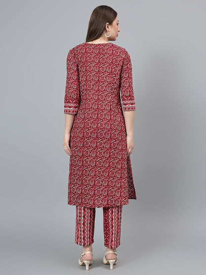 Women's Maroon Printed Casual Kurta Plazzo Set