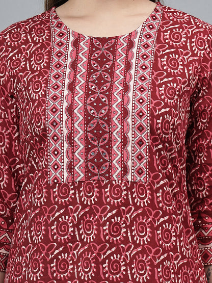 Women's Maroon Printed Casual Kurta Plazzo Set