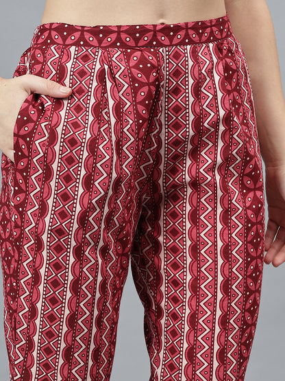 Women's Maroon Printed Casual Kurta Plazzo Set