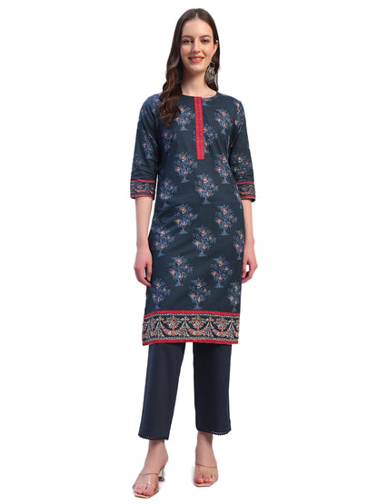 Women Printed Navy Blue Round Neck 3/4th Sleeves Kurti Plazzo Set