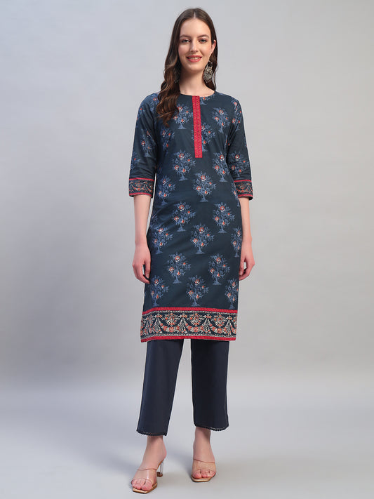 Women Printed Navy Blue Round Neck 3/4th Sleeves Kurti Plazzo Set