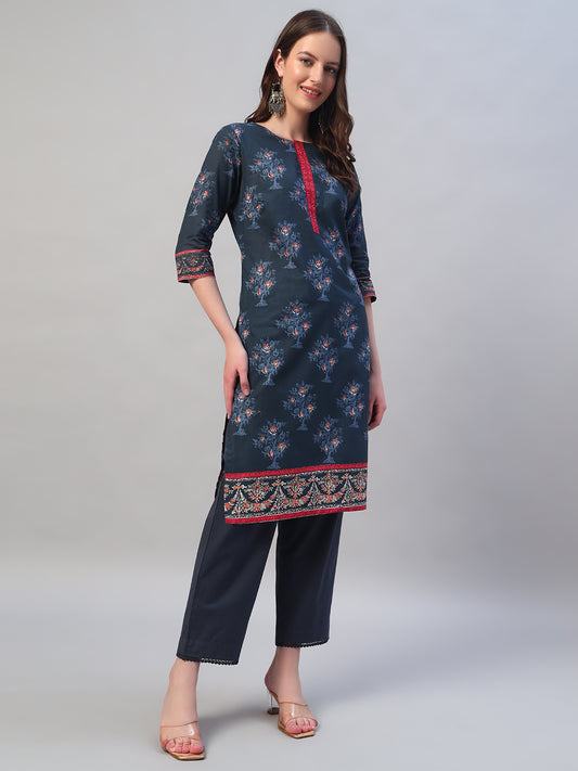 Women Printed Navy Blue Round Neck 3/4th Sleeves Kurti Plazzo Set
