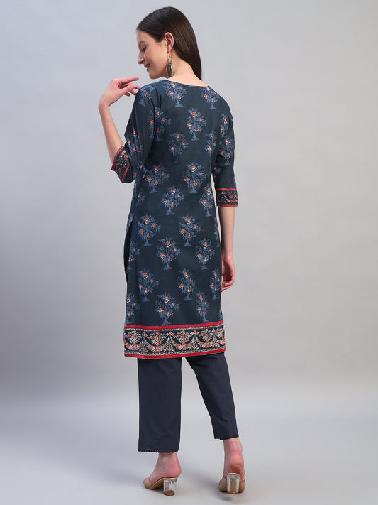 Women Printed Navy Blue Round Neck 3/4th Sleeves Kurti Plazzo Set