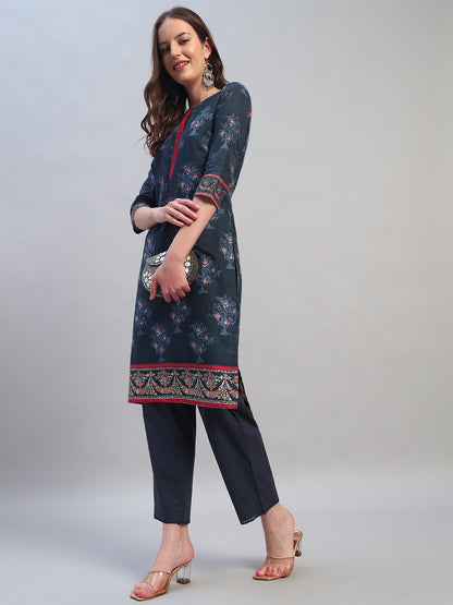 Women Printed Navy Blue Round Neck 3/4th Sleeves Kurti Plazzo Set