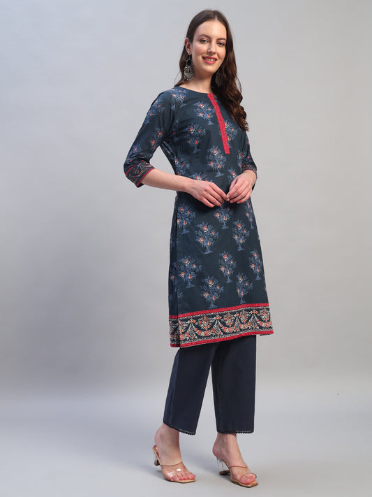 Women Printed Navy Blue Round Neck 3/4th Sleeves Kurti Plazzo Set