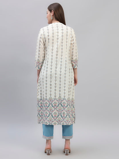 Women's Off White Printed 3/4th Sleeves Round Neck Casual Kurti Plazo Set