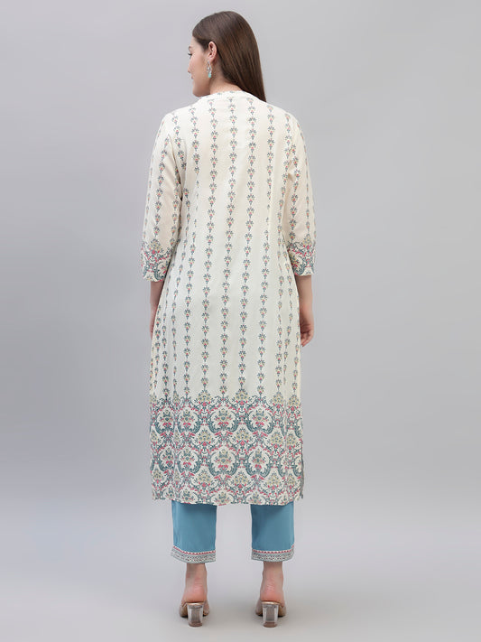 Women's Off White Printed 3/4th Sleeves Round Neck Casual Kurti Plazo Set