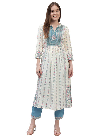 Women's Off White Printed 3/4th Sleeves Round Neck Casual Kurti Plazo Set