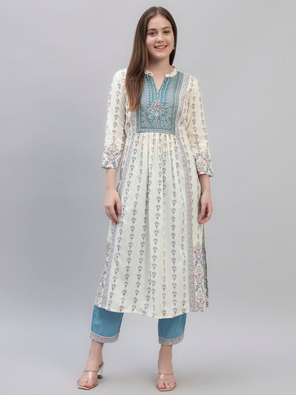 Women's Off White Printed 3/4th Sleeves Round Neck Casual Kurti Plazo Set
