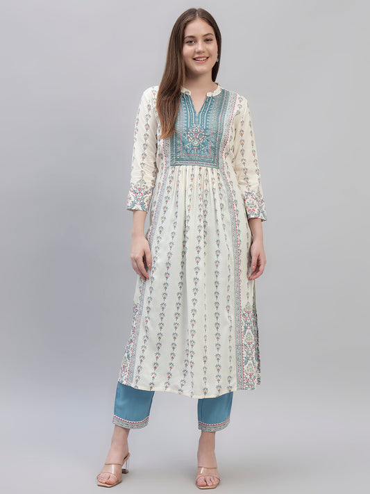 Women's Off White Printed 3/4th Sleeves Round Neck Casual Kurti Plazo Set