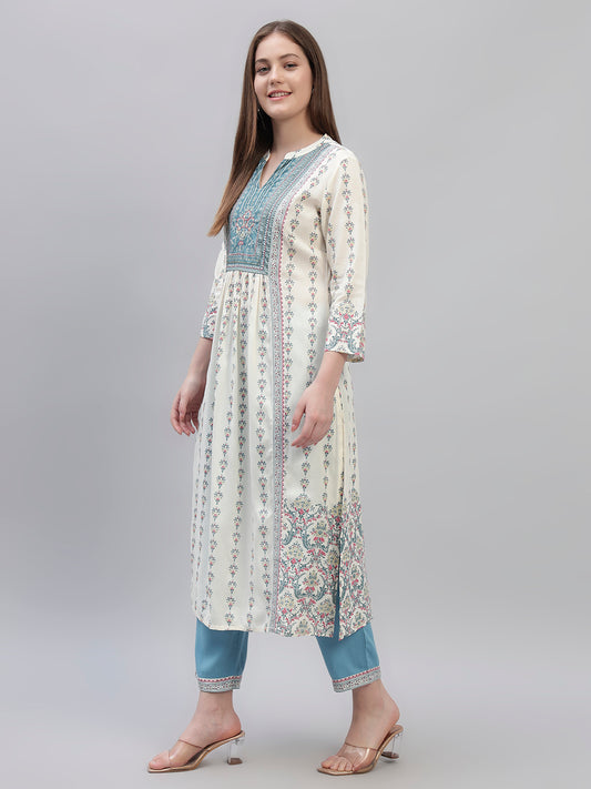Women's Off White Printed 3/4th Sleeves Round Neck Casual Kurti Plazo Set